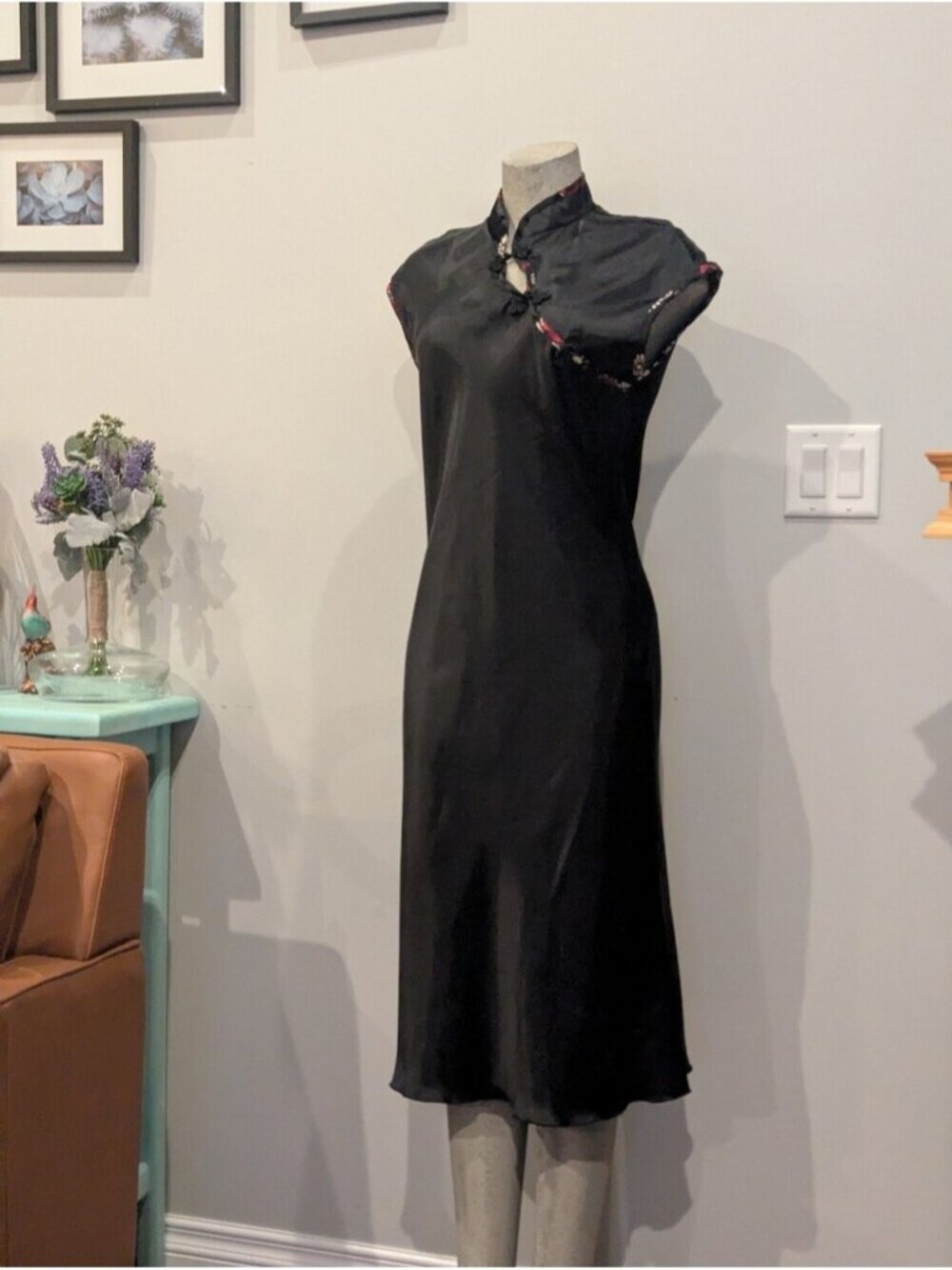 Vintage Fairweather cheongsam Dress stand collar, cap shoulders A Line Size L